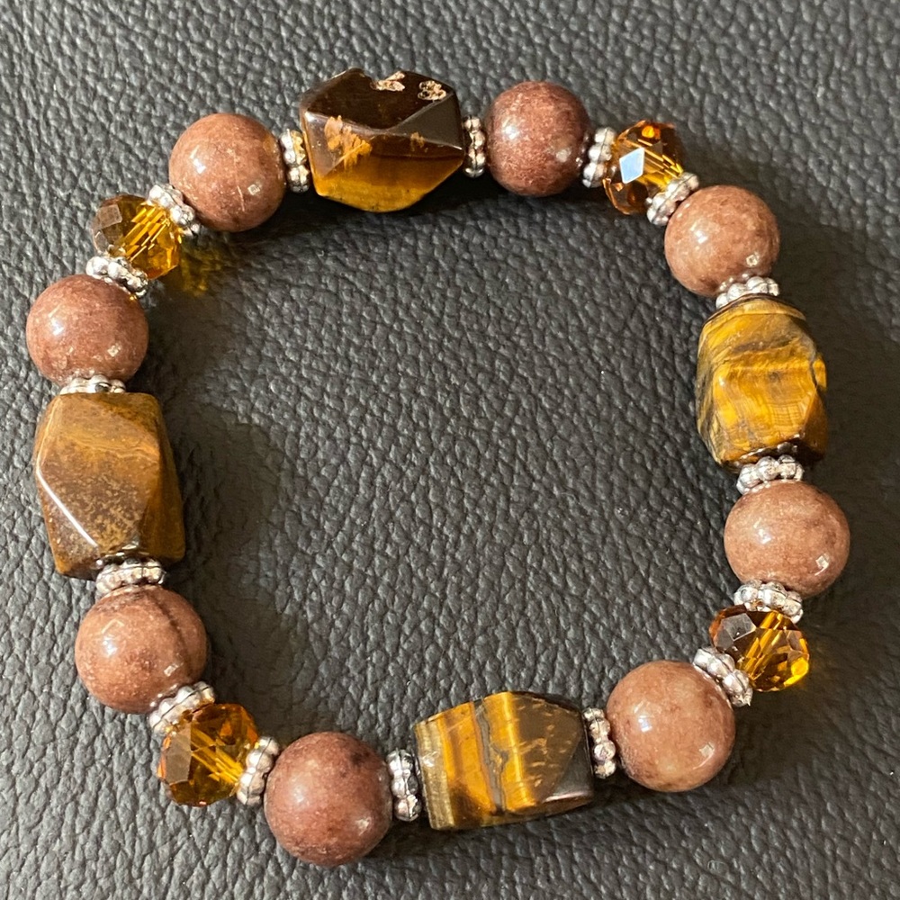 Large faceted natural tigers eye with faceted glass amber beads stretch bracelet